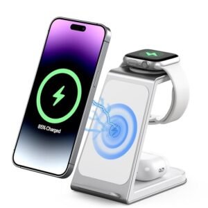 3 in 1 Wireless Charging Station,Aluminum Alloy Wireless Charger for Apple Devices - White