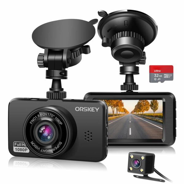 ORSKEY Dash Cam for Cars Front and Rear and SD Card Included 1080P Full HD In Car Camera Dual Lens Dashcam for Cars