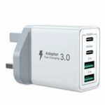 USB C Plug Fast Charge, 40W 4-Port Multi USB Charger Plug UK Dual Port PD Power Adapter +QC Wall Plug Multiport Mains Type C Charging Plug
