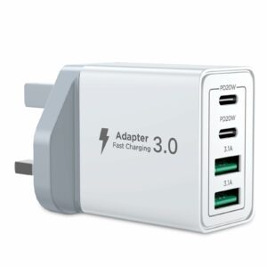 USB C Plug Fast Charge, 40W 4-Port Multi USB Charger Plug UK Dual Port PD Power Adapter +QC Wall Plug Multiport Mains Type C Charging Plug