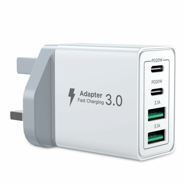 USB C Plug Fast Charge, 40W 4-Port Multi USB Charger Plug UK Dual Port PD Power Adapter +QC Wall Plug Multiport Mains Type C Charging Plug