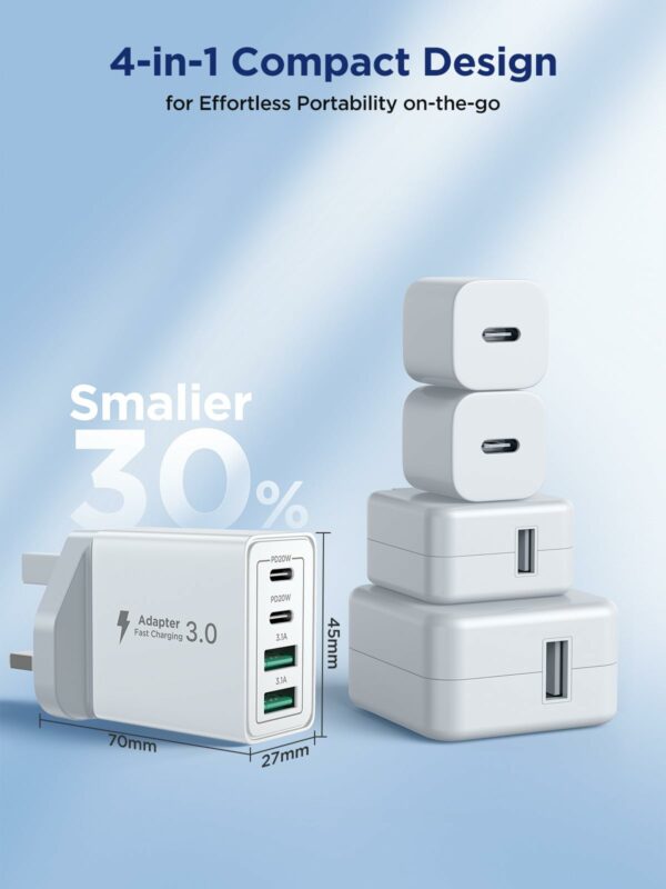 USB C Plug Fast Charge, 40W 4-Port Multi USB Charger Plug UK Dual Port PD Power Adapter +QC Wall Plug Multiport Mains Type C Charging Plug