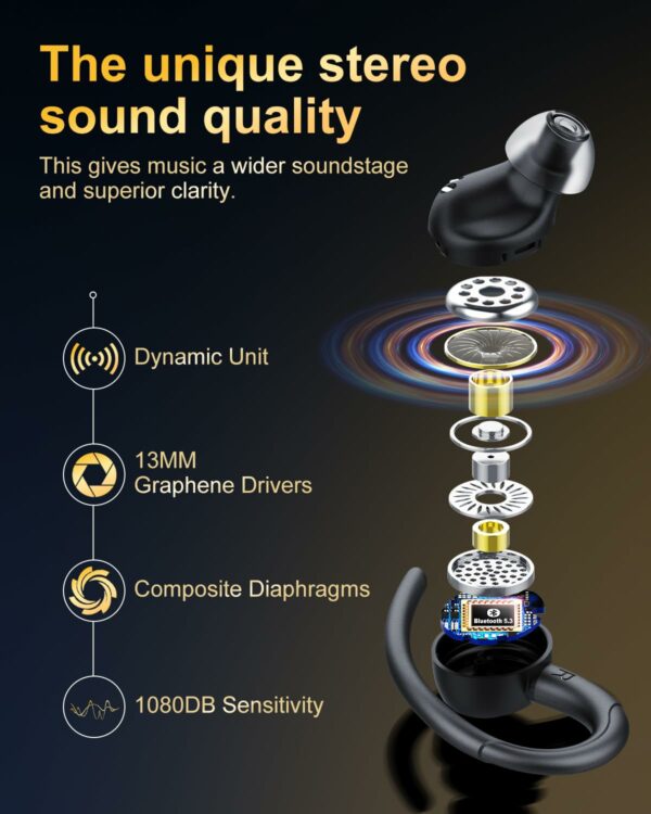 Wireless Earbuds, Bluetooth 5.3 Headphones, 2025 Wireless Earphones HiFi Stereo Sound with ENC Mic, Sport Headsets in Ear EarHooks for Running