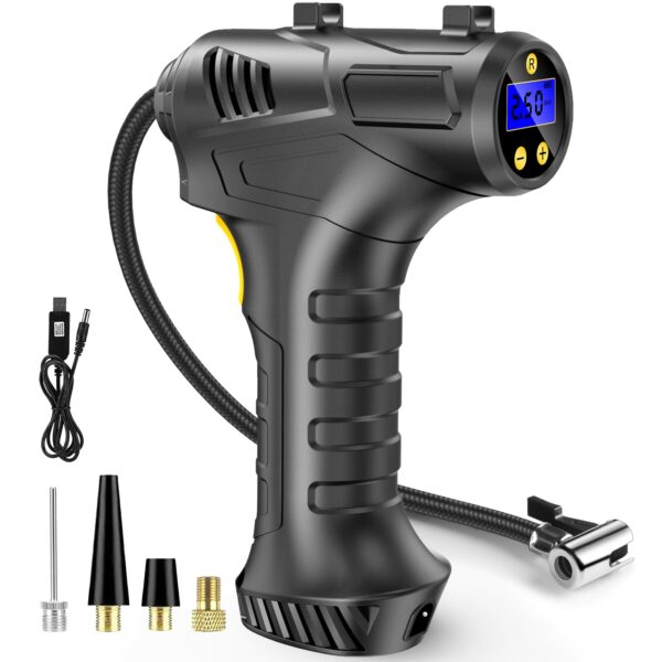 Petrinda Cordless Tyre Inflator Air Compressor, 12V USB Rechargeable Battery 150PSI Portable Car Tyre Pump, Electric Digital Tyre Pump with LED Light