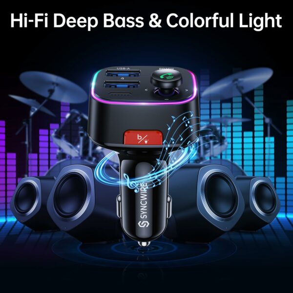 Bluetooth 5.4 FM Transmitter Car Adapter 48W (PD 36W & 12W) [Light Switch] [HiFi Bass Sound] [Fast Charging] Wireless Radio Music Adapter