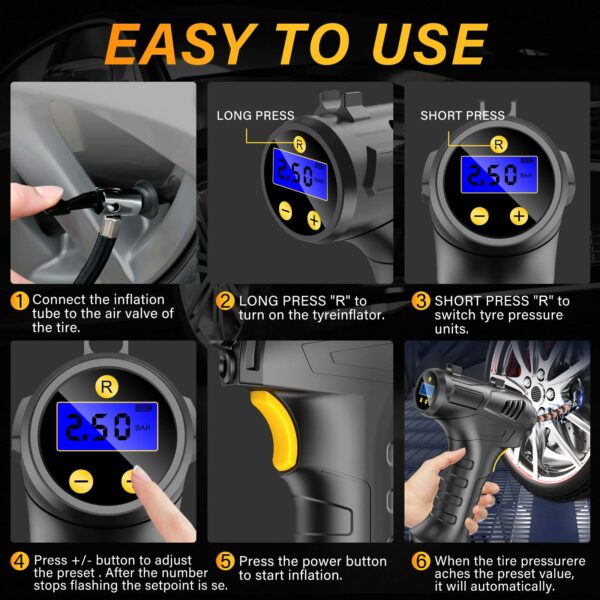 Petrinda Cordless Tyre Inflator Air Compressor, 12V USB Rechargeable Battery 150PSI Portable Car Tyre Pump, Electric Digital Tyre Pump with LED Light