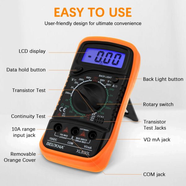 Beizkna Digital Multimeter Voltmeter Battery Voltage Multi Tester AC DC Volt OHM Amp Current Meter Continuity Circuit Resistance Electrical Tester
