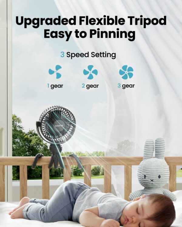 Gaiatop Mini Portable Pram Fan, Rechargeable Small Clip on Fan for Stroller, Detachable 3 Speed 360 Degree Rotate Flexible Tripod