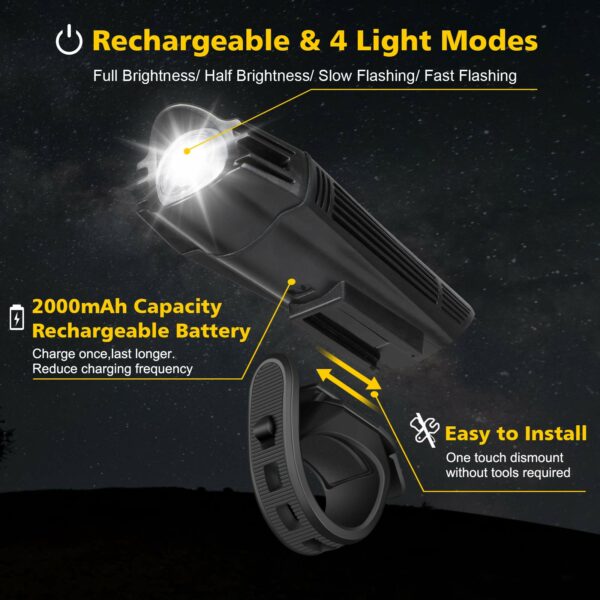 Super Bright Bike Light Set, Powerful LED USB Rechargeable Front Headlight and Back Taillight, 2000mah Lithium Battery, Waterproof