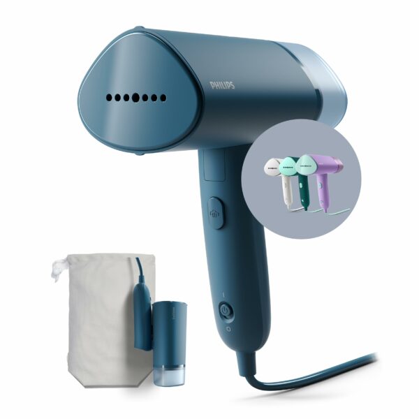 Philips 3000 Series Handheld Steamer, 1000W, 20 g/min Steam, Kills Germs, Detachable 100ml Water Tank, Compact + Foldable, Plastic Plate, Blue