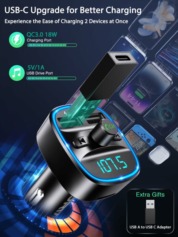 Bluetooth 5.3 FM Transmitter for Car, Bluetooth Car Music Wireless Radio Adapter, Universal Car Charger with Dual USB Charging