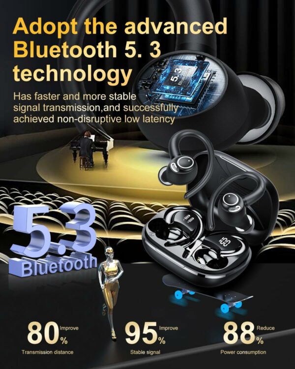 Wireless Earbuds, Bluetooth 5.3 Headphones, 2025 Wireless Earphones HiFi Stereo Sound with ENC Mic, Sport Headsets in Ear EarHooks for Running