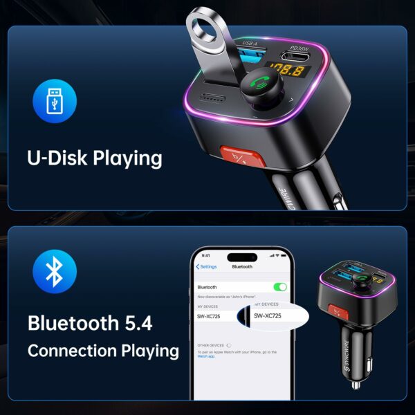 Bluetooth 5.4 FM Transmitter Car Adapter 48W (PD 36W & 12W) [Light Switch] [HiFi Bass Sound] [Fast Charging] Wireless Radio Music Adapter