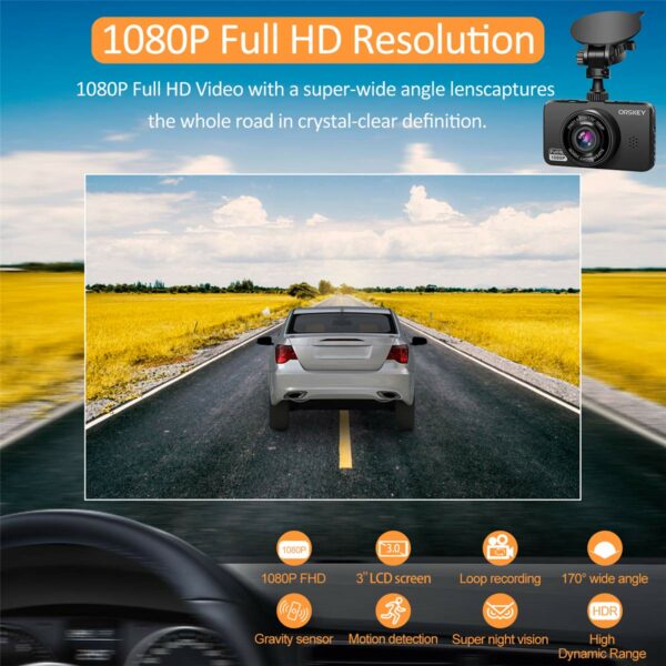 ORSKEY Dash Cam for Cars Front and Rear and SD Card Included 1080P Full HD In Car Camera Dual Lens Dashcam for Cars