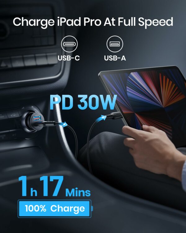 INIU Car Charger, Lighter USB Charger Total 60W [USB C 30W+USB A 30W] 12V USB Socket, PD3.0 Fast Charge Car Phone Charger Metal Adapter