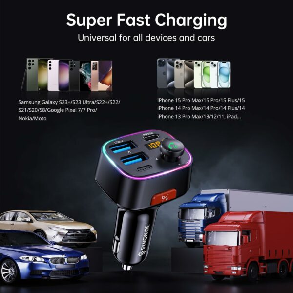 Bluetooth 5.4 FM Transmitter Car Adapter 48W (PD 36W & 12W) [Light Switch] [HiFi Bass Sound] [Fast Charging] Wireless Radio Music Adapter