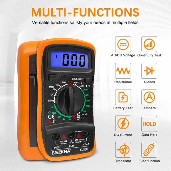 Beizkna Digital Multimeter Voltmeter Battery Voltage Multi Tester AC DC Volt OHM Amp Current Meter Continuity Circuit Resistance Electrical Tester