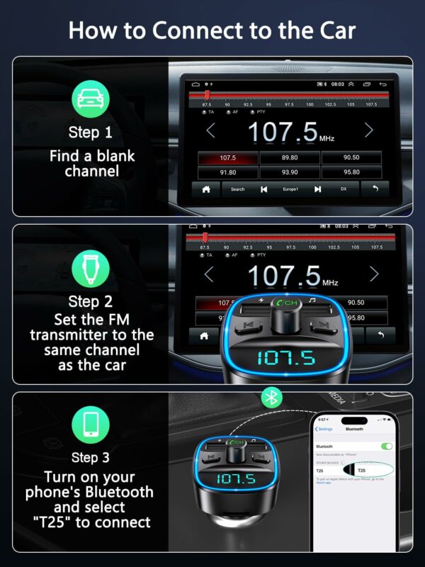 Bluetooth 5.3 FM Transmitter for Car, Bluetooth Car Music Wireless Radio Adapter, Universal Car Charger with Dual USB Charging