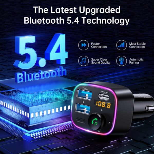 Bluetooth 5.4 FM Transmitter Car Adapter 48W (PD 36W & 12W) [Light Switch] [HiFi Bass Sound] [Fast Charging] Wireless Radio Music Adapter