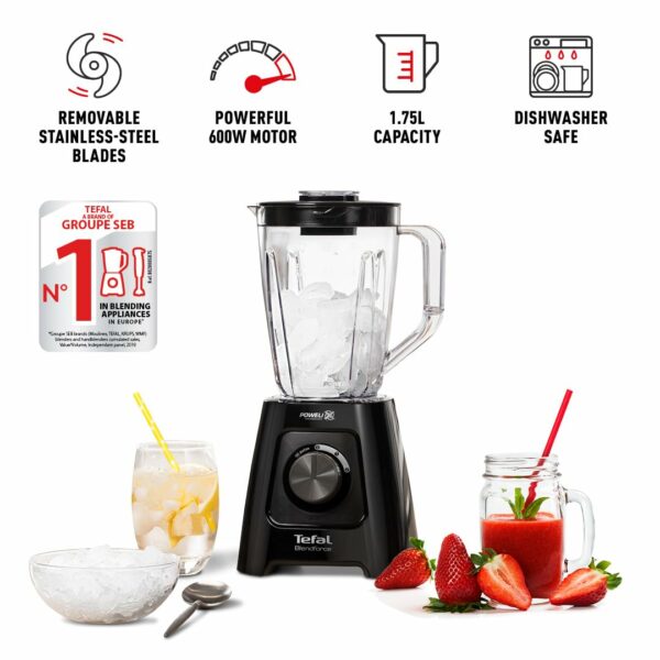 Tefal Blendforce II Blender, 2L Plastic Jug, 1.25L Effective Capacity, 600W, 4 Removable Stainless Steel Blades, Smoothie Blender