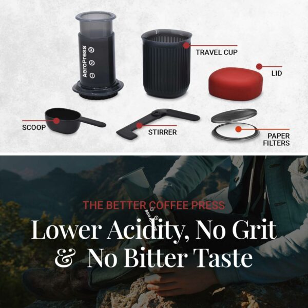 Aeropress Go Portable Travel Coffee Press Kit, 1-3 Cups in a Minute, Coffee, Espresso, & Cold Brew Maker