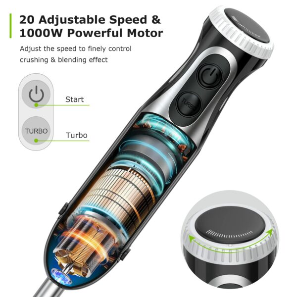Bonsenkitchen Stainless Steel Hand Blender, 4-in-1 Stick Blender 1000W, 20 Speed Adjustable