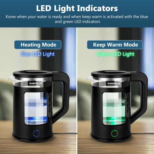 GABERLEE Electric Kettle, 1.7L, 3000W Fast Boil Quiet Glass Kettle with Blue LED, Auto Shut-Off and Boil-Dry Protection