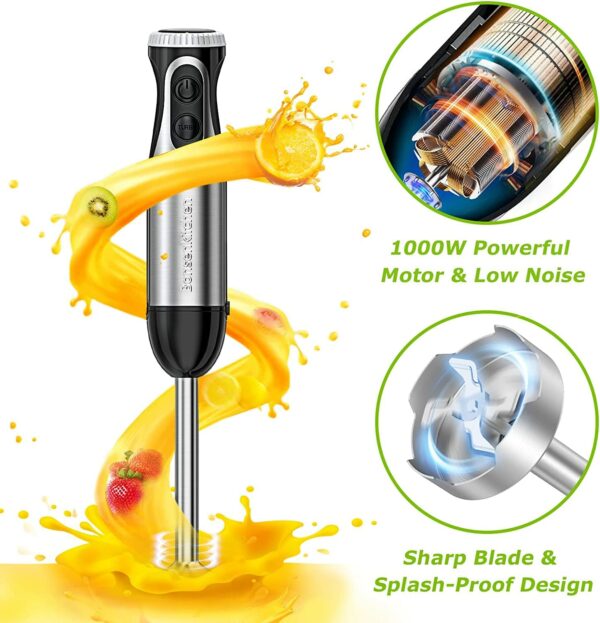 Bonsenkitchen Stainless Steel Hand Blender, 4-in-1 Stick Blender 1000W, 20 Speed Adjustable