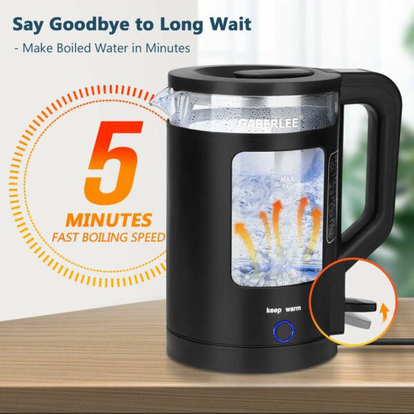 GABERLEE Electric Kettle, 1.7L, 3000W Fast Boil Quiet Glass Kettle with Blue LED, Auto Shut-Off and Boil-Dry Protection