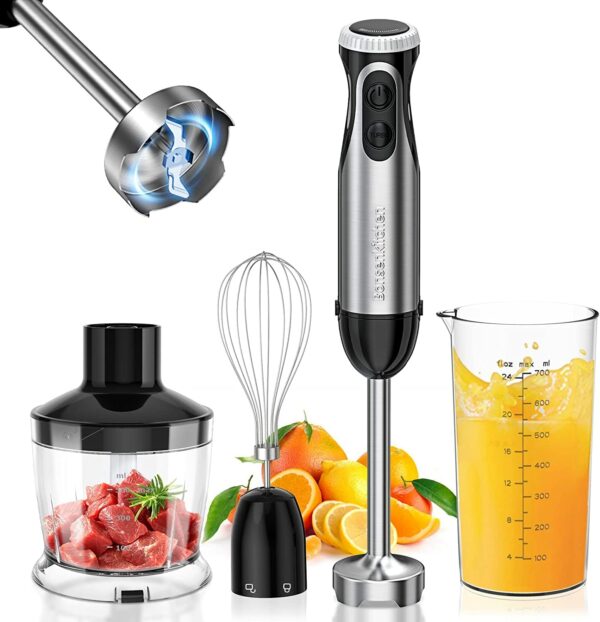 Bonsenkitchen Stainless Steel Hand Blender, 4-in-1 Stick Blender 1000W, 20 Speed Adjustable
