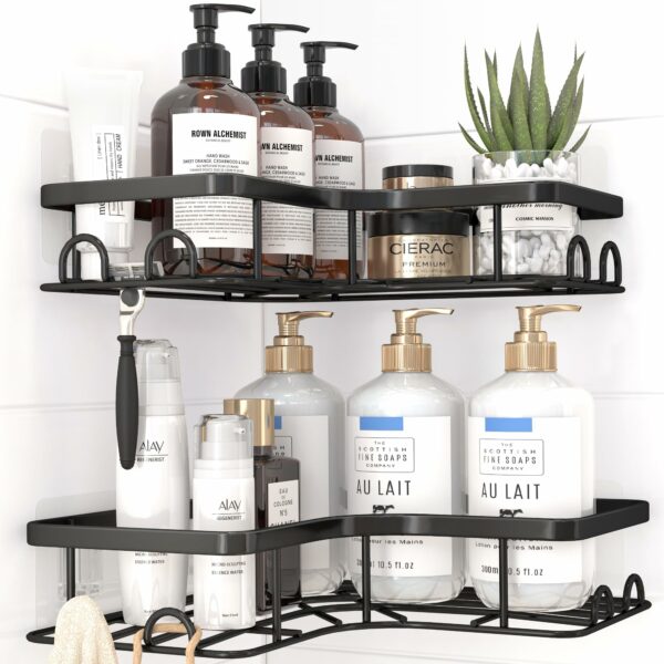 Corner Shower Caddy - 2 Pack Rustproof Shower Organizer with Large Capacity, Drill-Free Adhesive Bathroom Shelves with Hooks