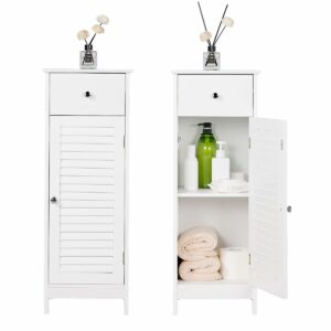 Slim white bathroom cabinet with drawer and 2 shelves
