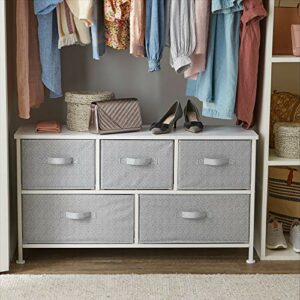 Extra wide fabric chest with 5 drawers – ideal storage for closet, bedroom, or hallway in white finish