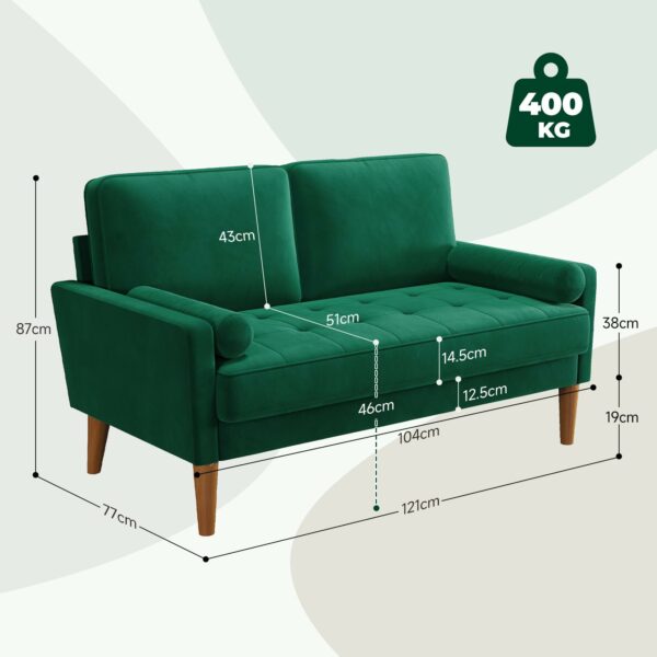 2 Seater Sofa Green Comfy Sofa Couch with Spring Cushion Velvet Sofa with Wood Legs