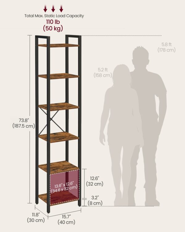 Industrial 6-Tier Bookshelf, Rustic Brown and Black