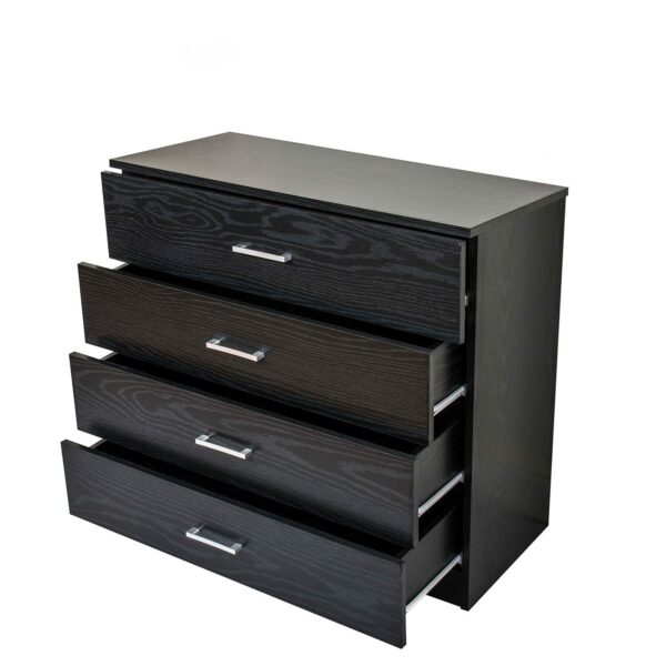 Black 4-drawer chest, sturdy with anti-bow support, perfect for bedroom storage