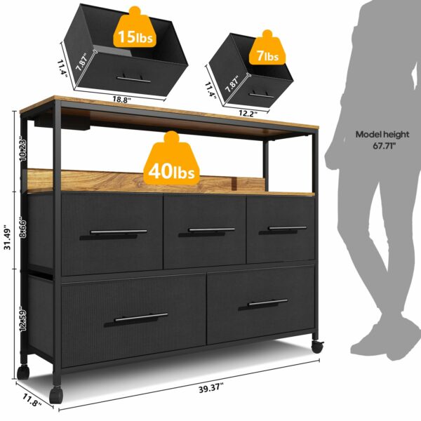 Black chest with 5 fabric drawers, charging station, storage shelf, and wheels
