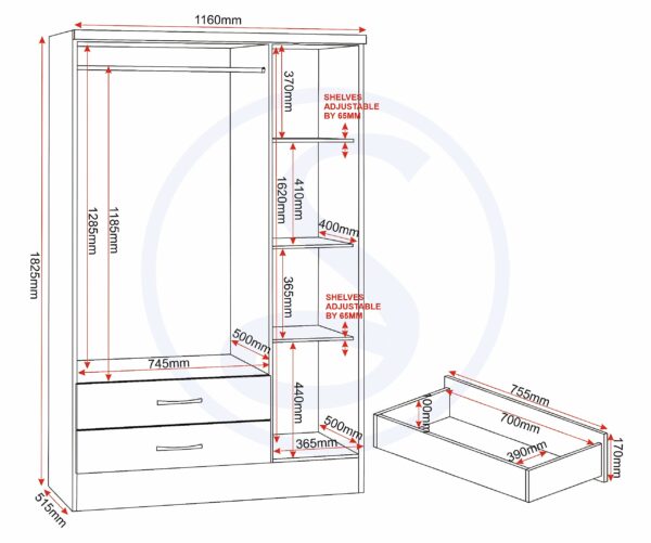 Wardrobe 3 Door 2 Drawer in White Gloss