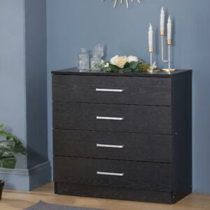 Black 4-drawer chest, sturdy with anti-bow support, perfect for bedroom storage