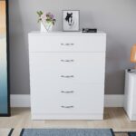 White 5-drawer chest with metal handles and anti-bowing support, ideal for bedroom storage
