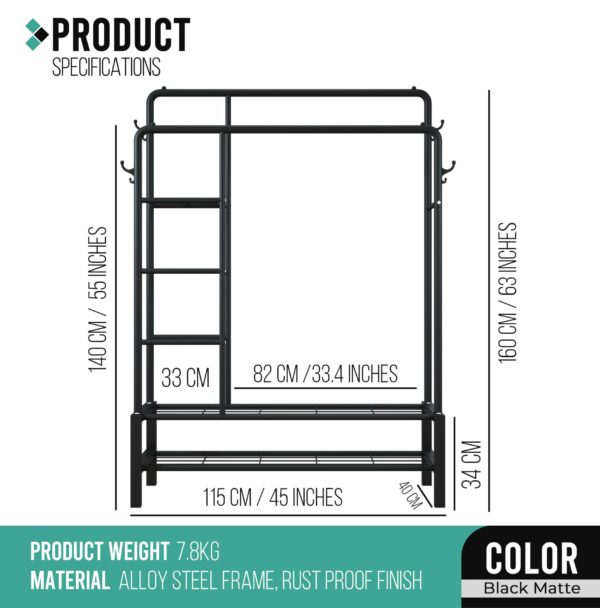 Black Metal Clothes Rail with Shoe Rack, Shelves & Coat Hooks, 120KG Capacity