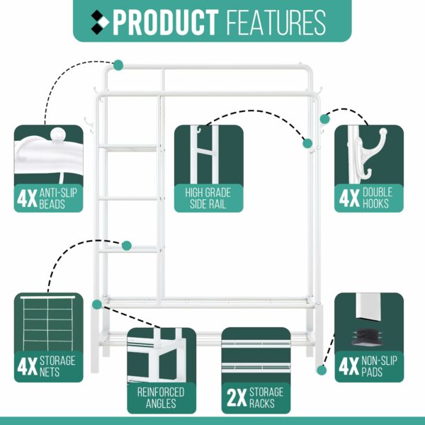White Metal Clothes Rail with Shoe Rack, Shelves & Coat Hooks, 120KG Capacity