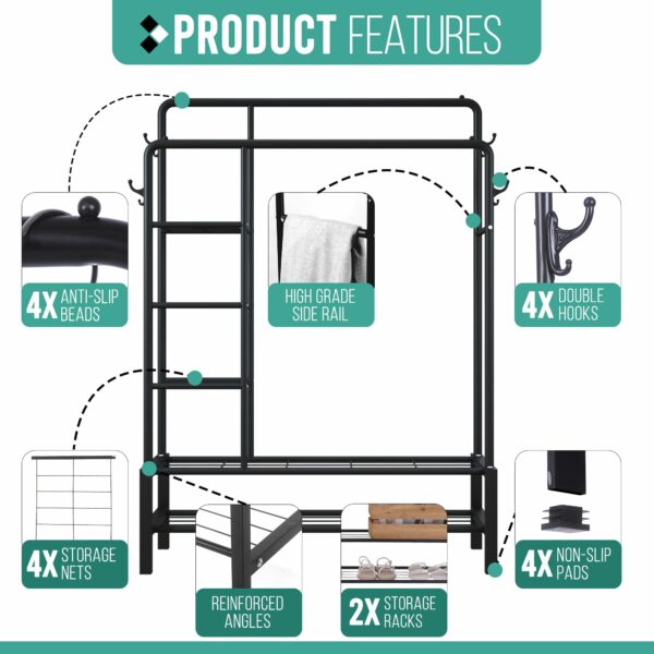 Black Metal Clothes Rail with Shoe Rack, Shelves & Coat Hooks, 120KG Capacity