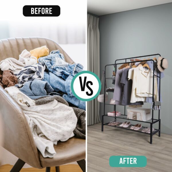 Black Metal Clothes Rail with Shoe Rack, Shelves & Coat Hooks, 120KG Capacity