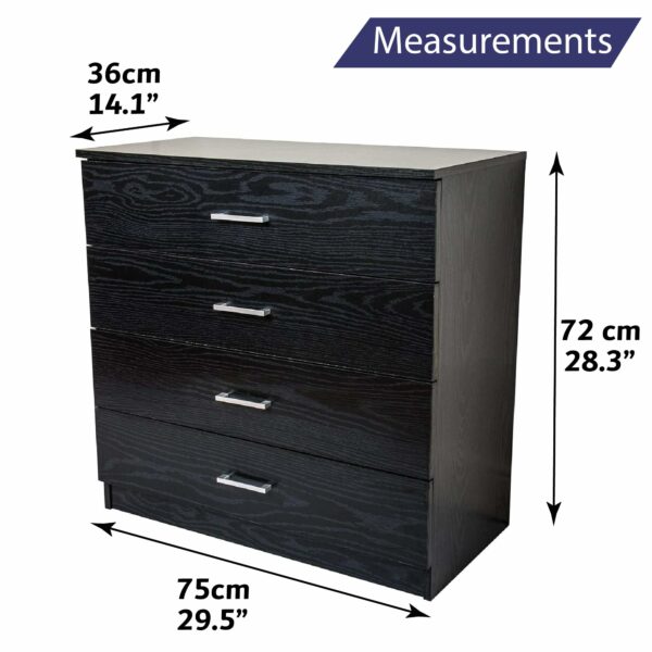 Black 4-drawer chest, sturdy with anti-bow support, perfect for bedroom storage