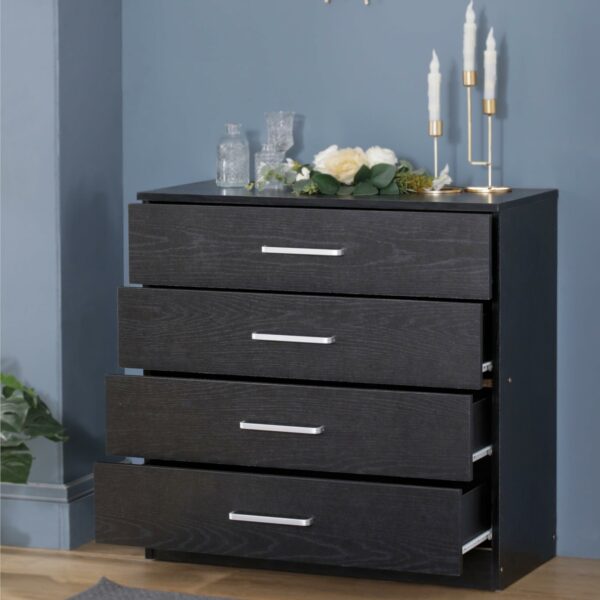 Black 4-drawer chest, sturdy with anti-bow support, perfect for bedroom storage