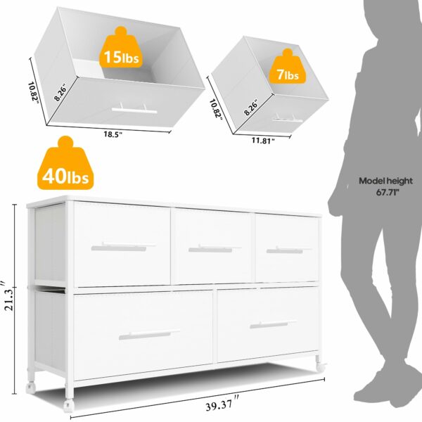 White fabric dresser with 5 drawers and wheels for home storage