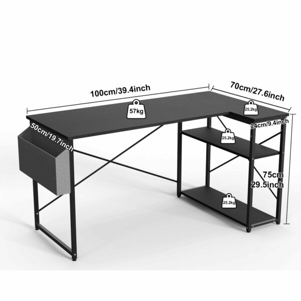 L-Shaped Gaming Desk 100×70 cm with Storage Shelves and Bag Black