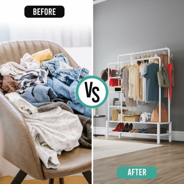 White Metal Clothes Rail with Shoe Rack, Shelves & Coat Hooks, 120KG Capacity