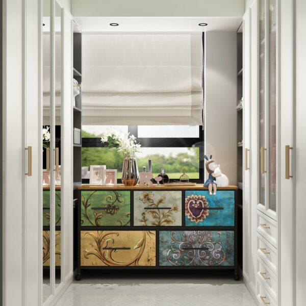Chest of drawers with 5 fabric drawers and wheels for easy storage